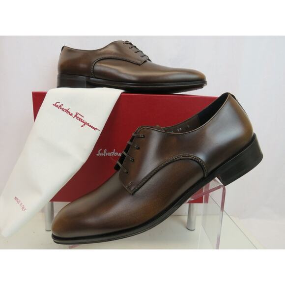 NIB FERRAGAMO DANIEL BURNISHED BROWN BROGUE LEATHER LACE UP DERBY OXFORDS 10.5 E main image 11